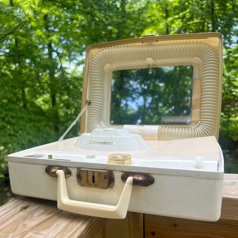 Hair Dryer Dominion 1960s‎ Portable Vanity Case White Floral Bonnet Vintage Tool
